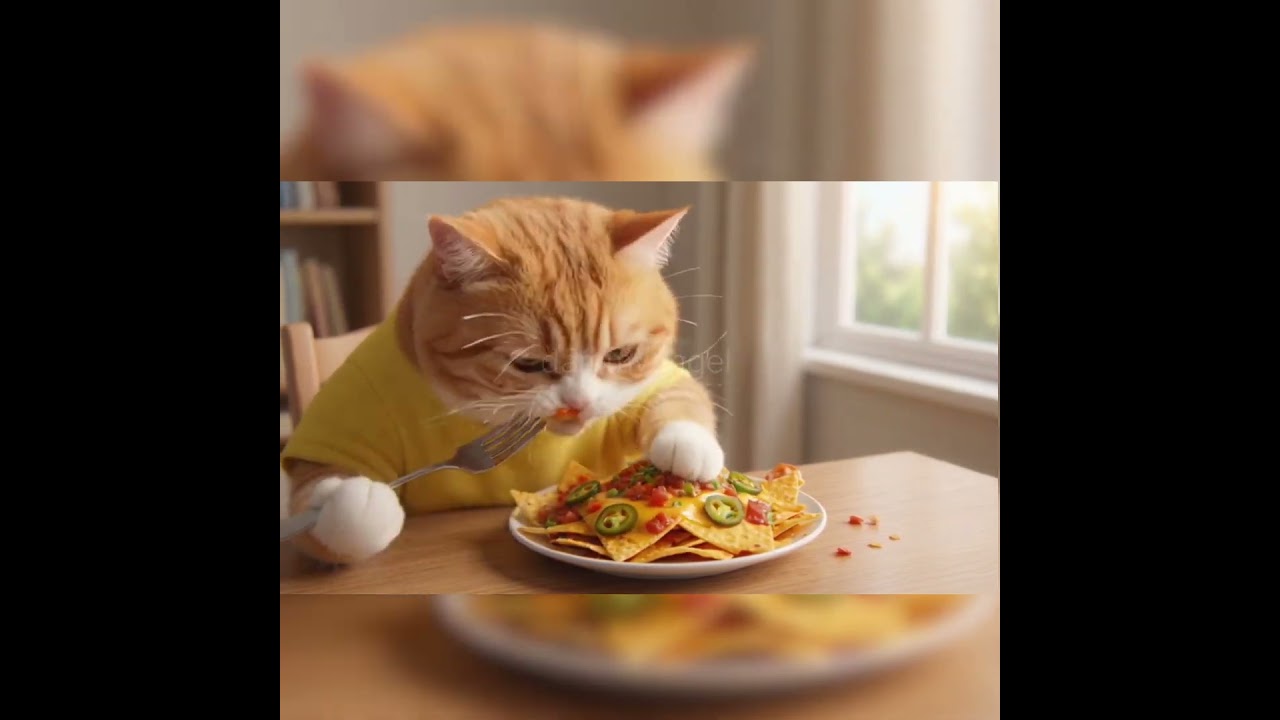 Котенок ест мясо 