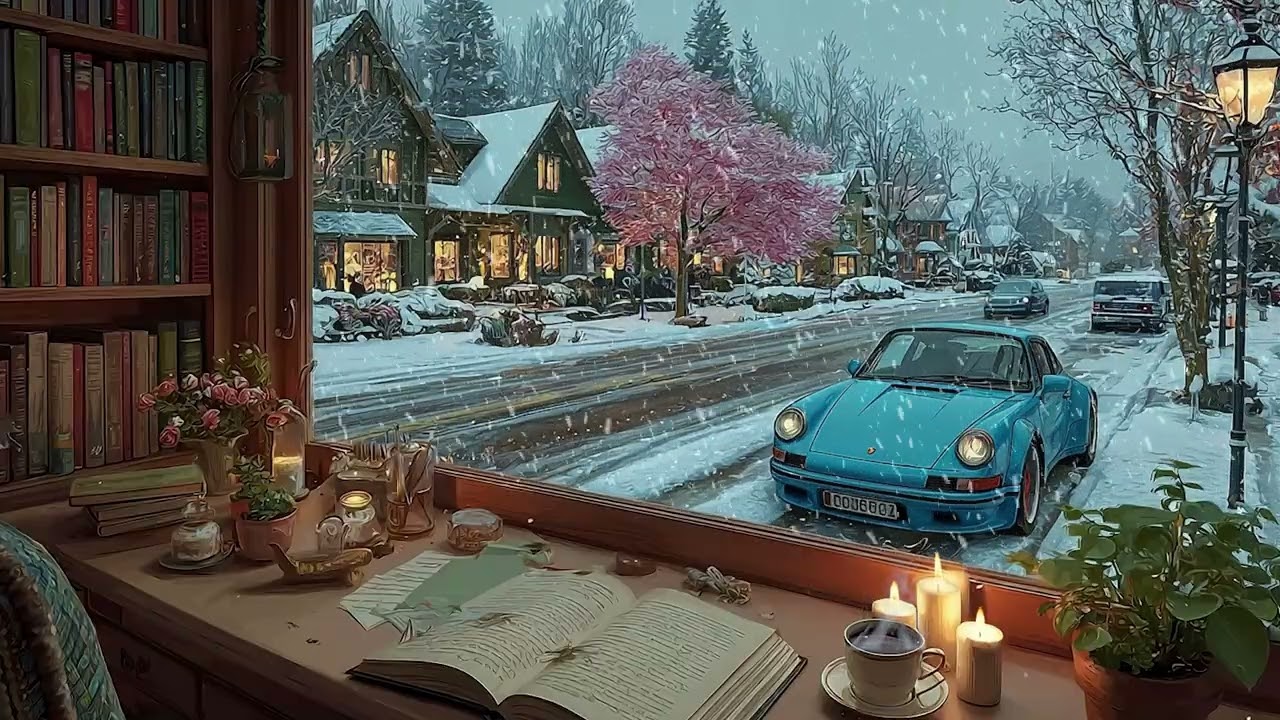 Peaceful Snowy Night Café with Fireplace Glow | Cozy Ambience Sounds for Deep Sleep and Calm