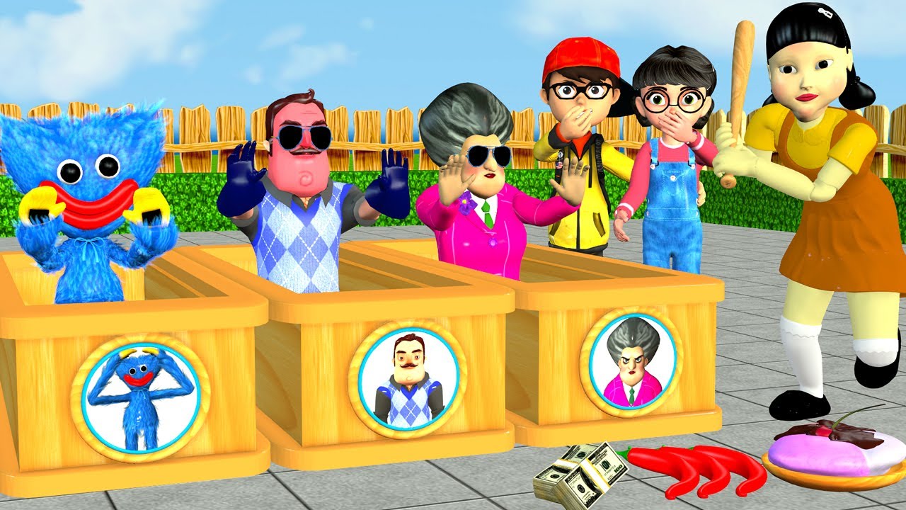 Squid Game vs Scary Teacher 3D MissT vs 4 Neighbor Who Luckier Challenge Bottle Roll vs Coffin Dance