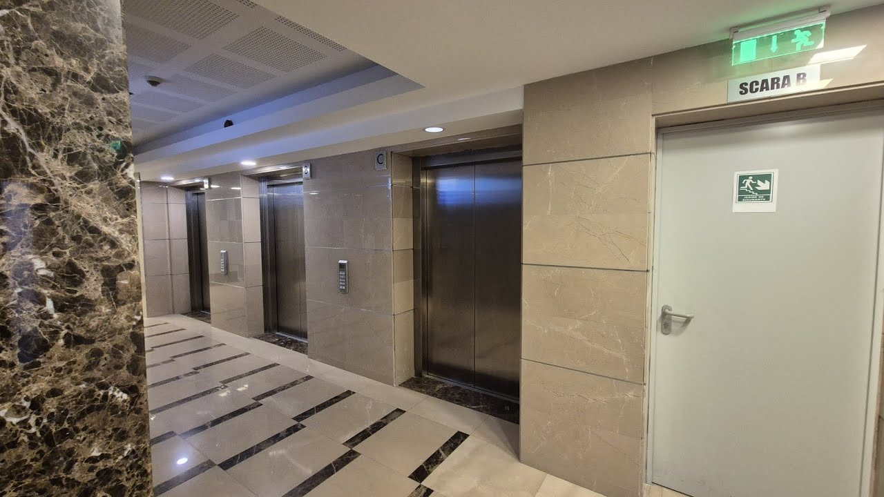 Schindler traction elevators w/ Miconic 10 and rare D-Line D4 buttons in Bucharest, Romania