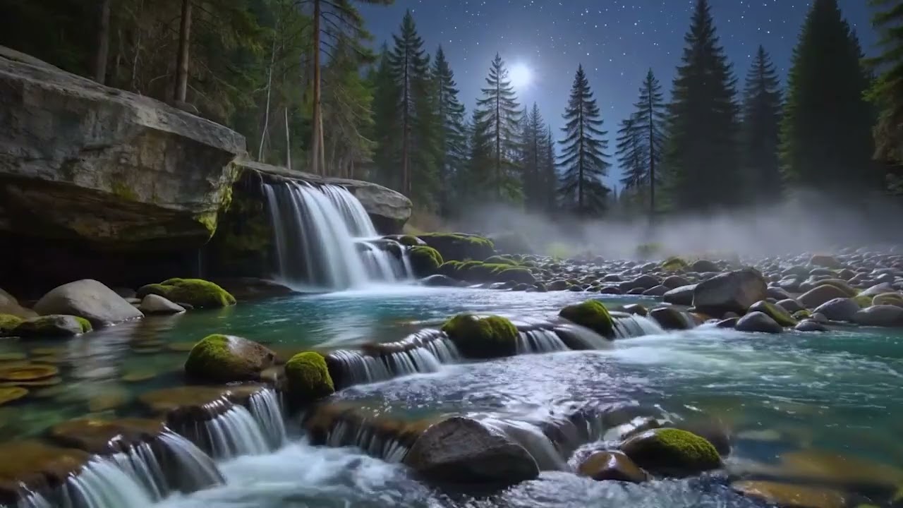 Starry Forest Stream Waterfall Sounds 🌌🌲💧 Deep Sleep & Peaceful Rest