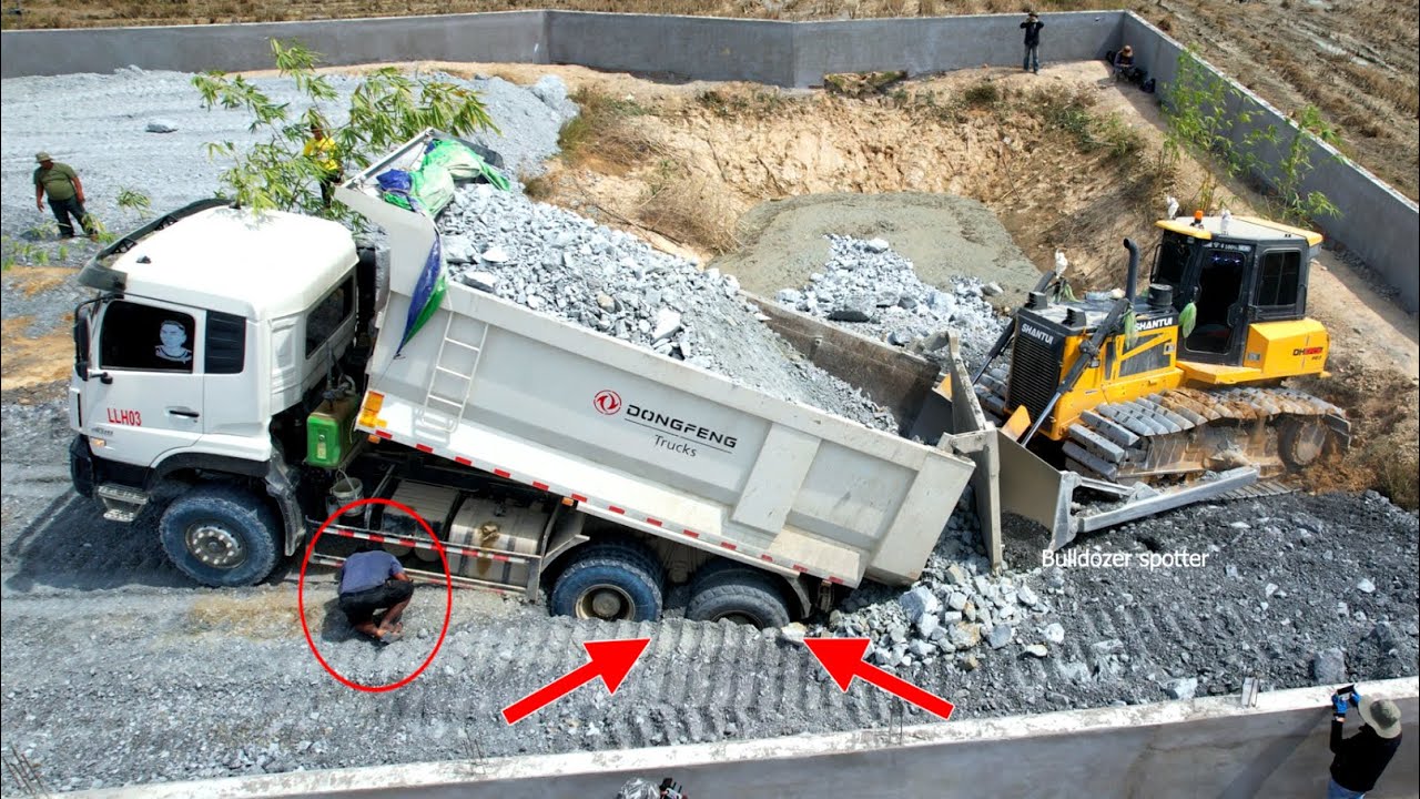 Incredible Heavy dump truck Driving back unloading landslide Overturned help recovery by Bulldozer
