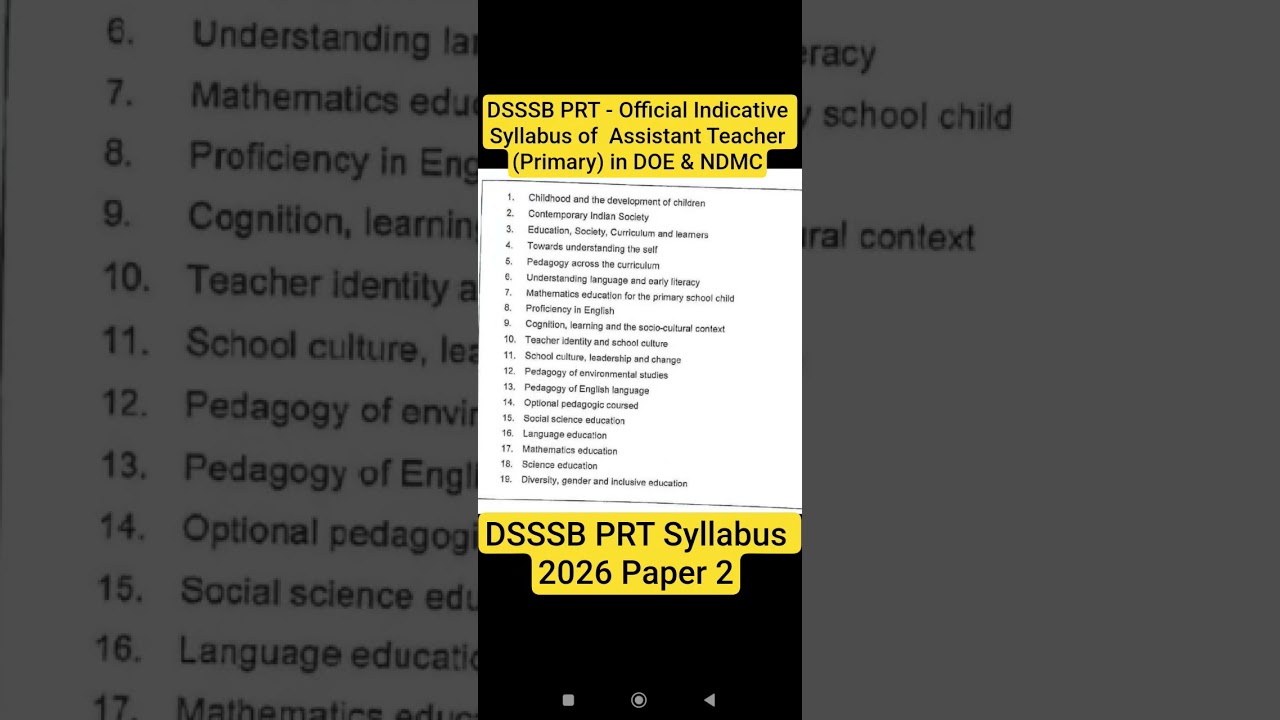 DSSSB PRT - Official Indicative Syllabus  Assistant Teacher (Primary) in DOE & NDMC 