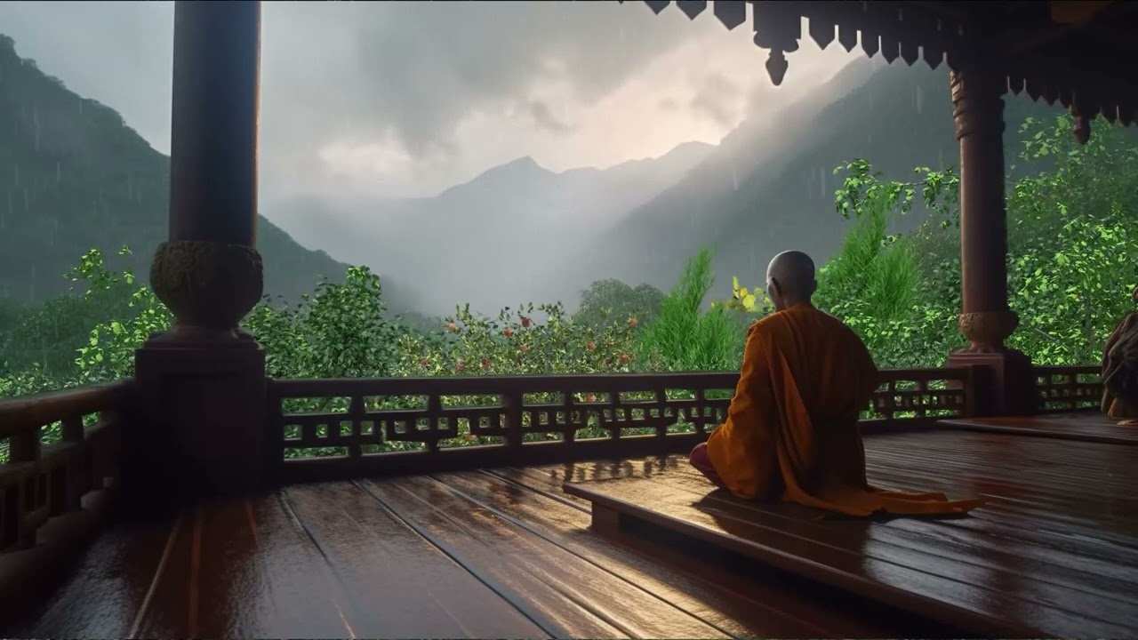 Monk Meditation Sounds With A Rainy Mountain View