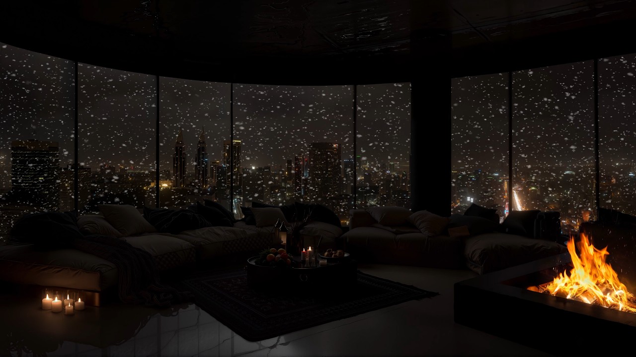 🔥 Crackling Fireplace & Soft Snowfall ❄️ Cozy Room Luxary Night in City for Deep Sleep & Relaxation