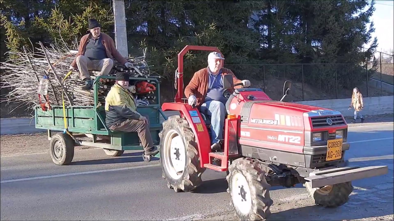 Tractor japonez 4x4 Mitsubishi MT22D + remorca incarcata cu lemne; Homemade trailer