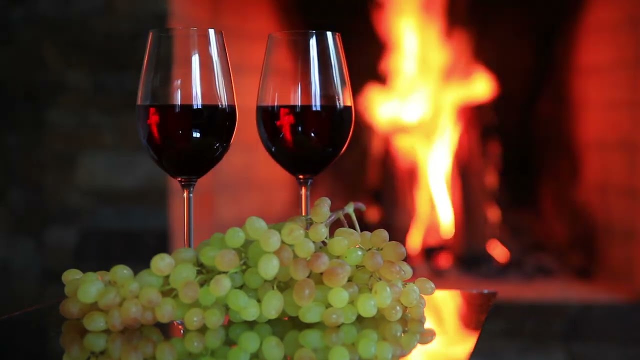Romantic Evening Ambience | 8K | Cozy Fireplace & Wine | Crackling Fire Sounds Only
