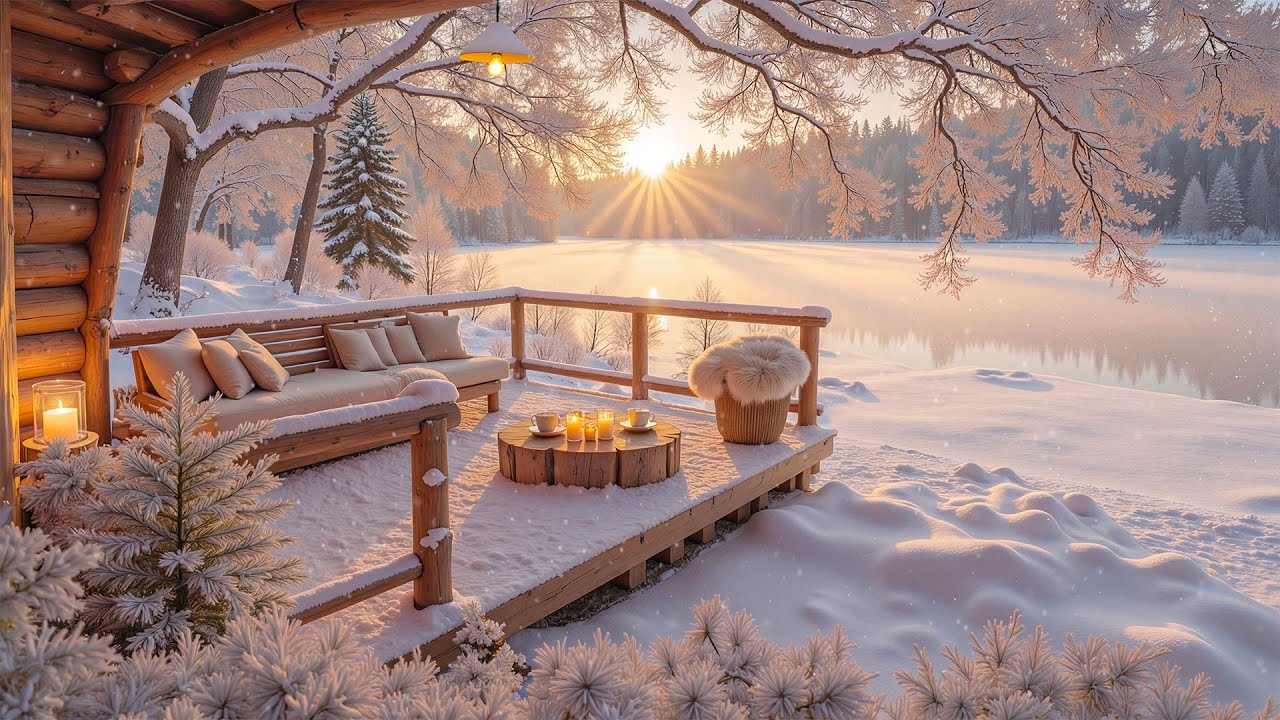 Cozy Winter Sunrise by the Lake Cabin ❄️ Snowfall & Calm Nature Sounds Ambience