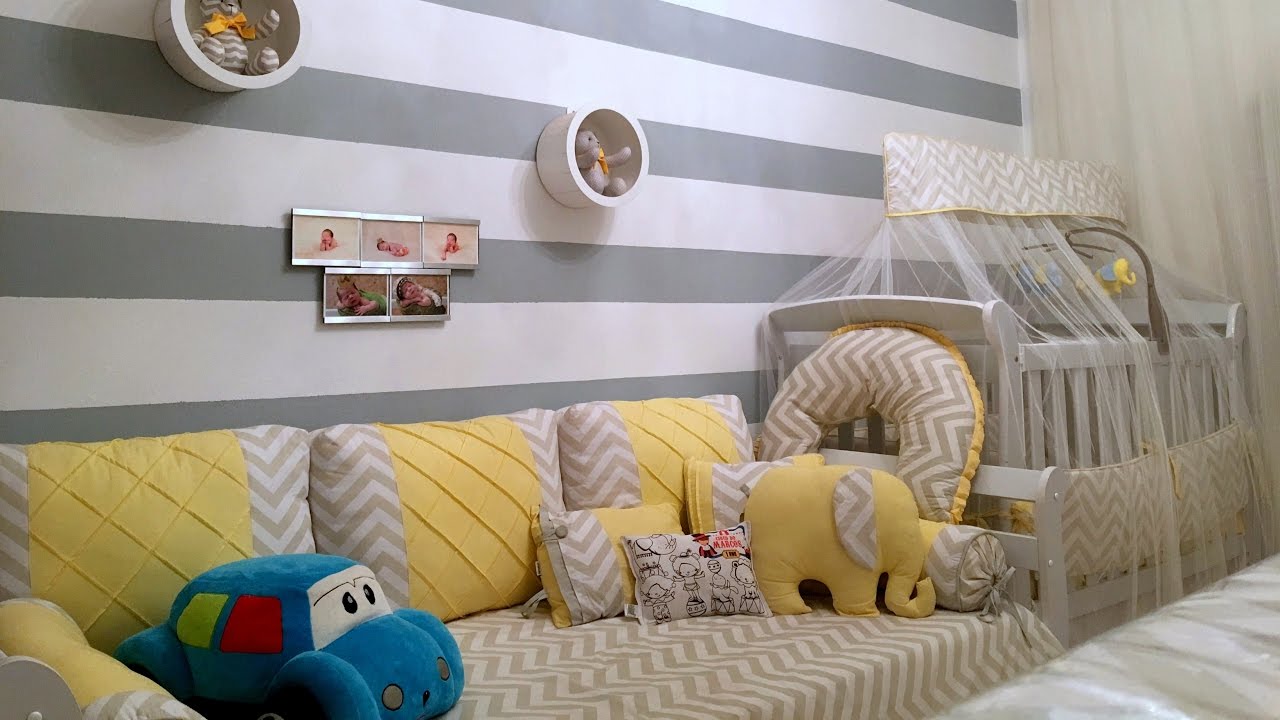 Tour pelo quarto do Marcos - Chevron, cinza e amarelo com detalhes azul