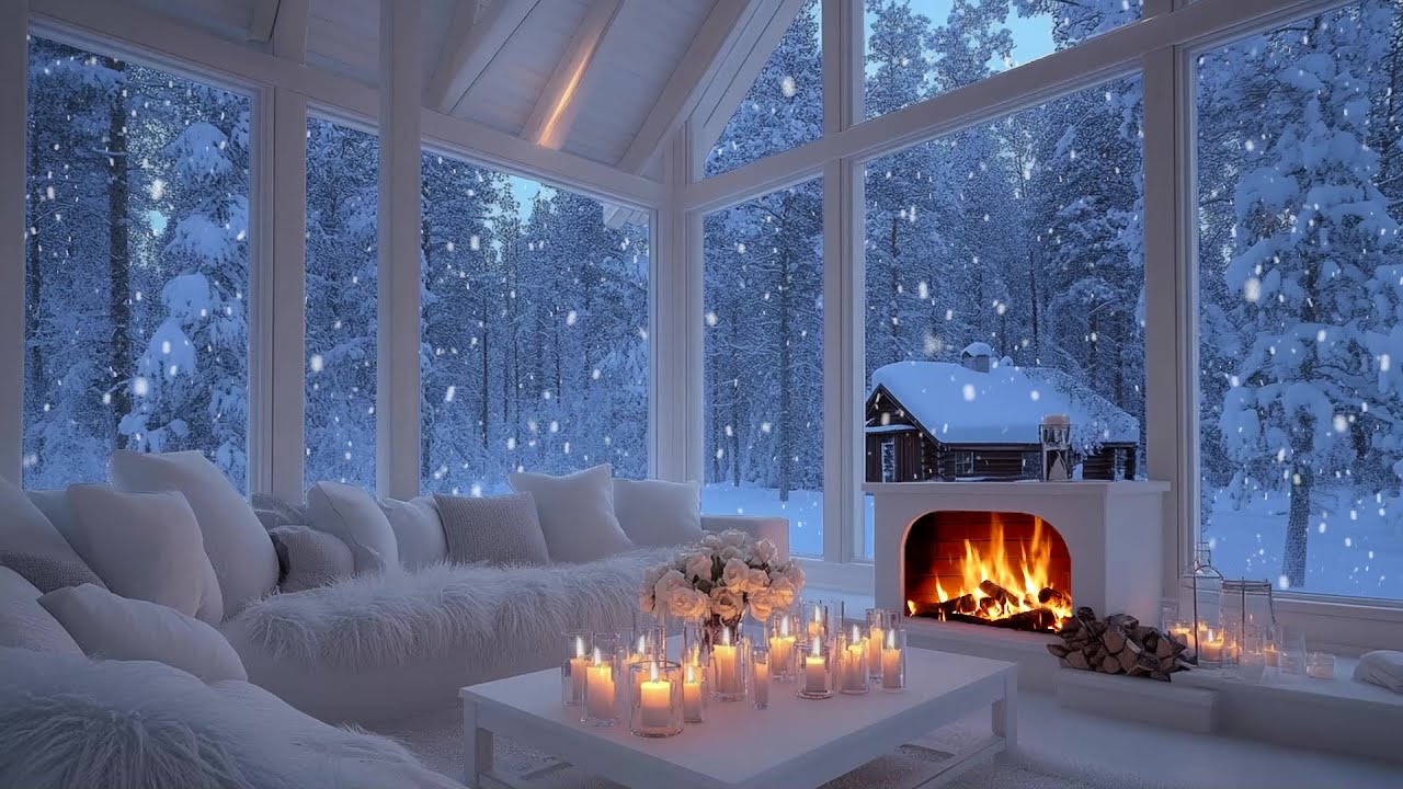 🎹🤍 Gentle Winter Piano | Elegant White Lounge & Falling Snow | Peace Focus Healing Meditation