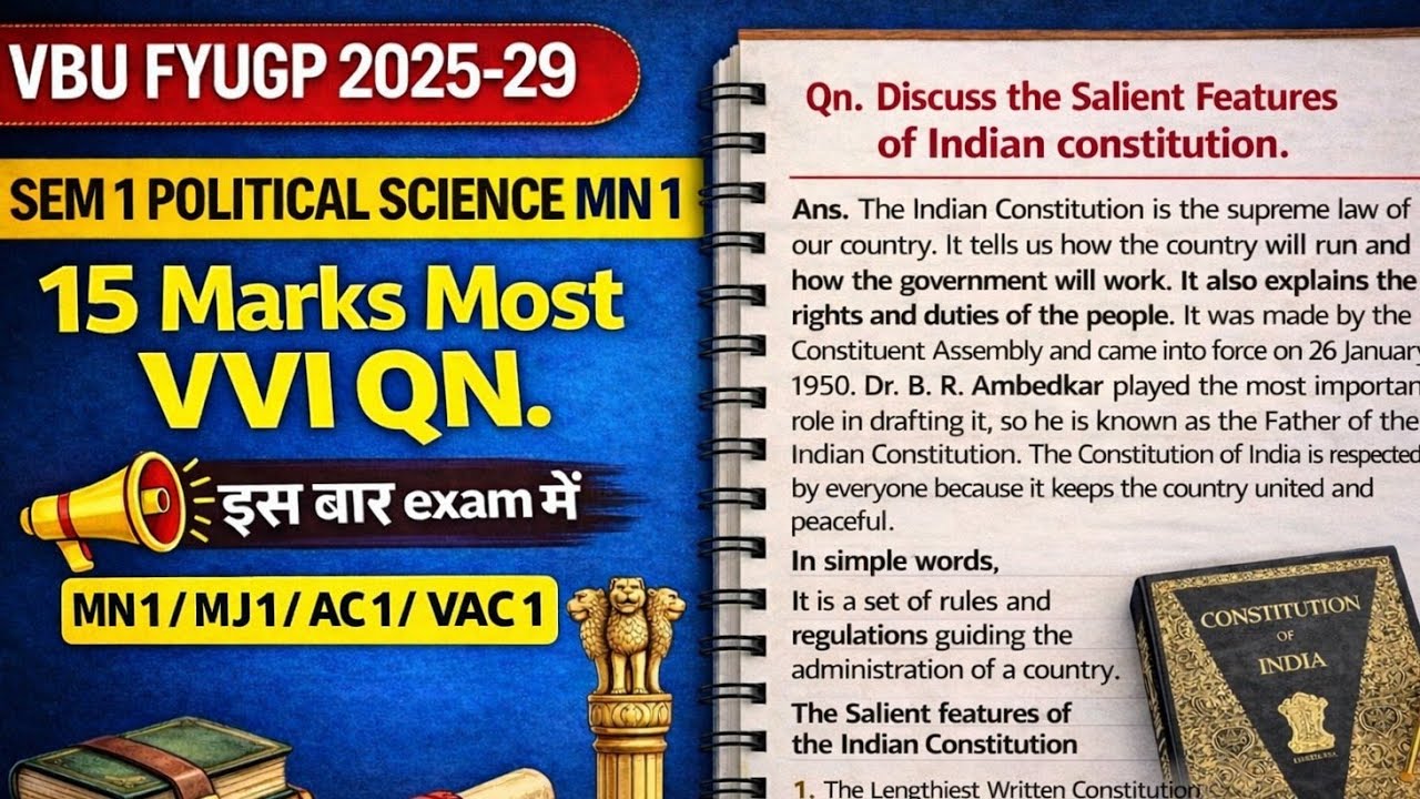 MJ 1 Political Sci 15 Marks VVI Question Sem1 Indian Constitution Notes Hindi Explanation FYUGP 2025
