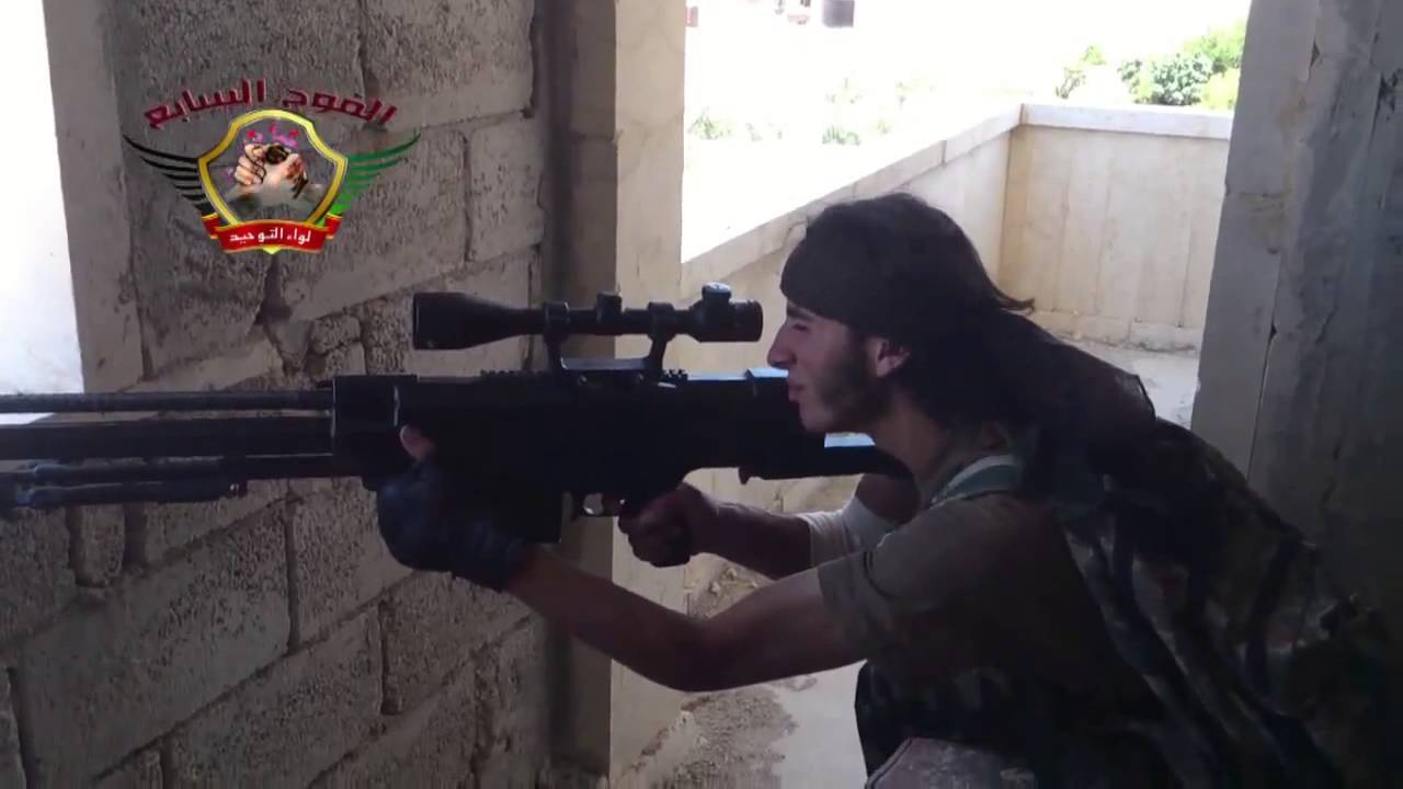 Aleppo FSA sniper targeting SSA with realy big gun 22 6 2013