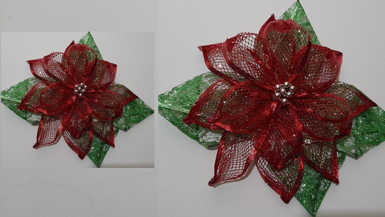 Flor navideña de cinta - nochebuena fácil - bella y decorativa nochebuena.