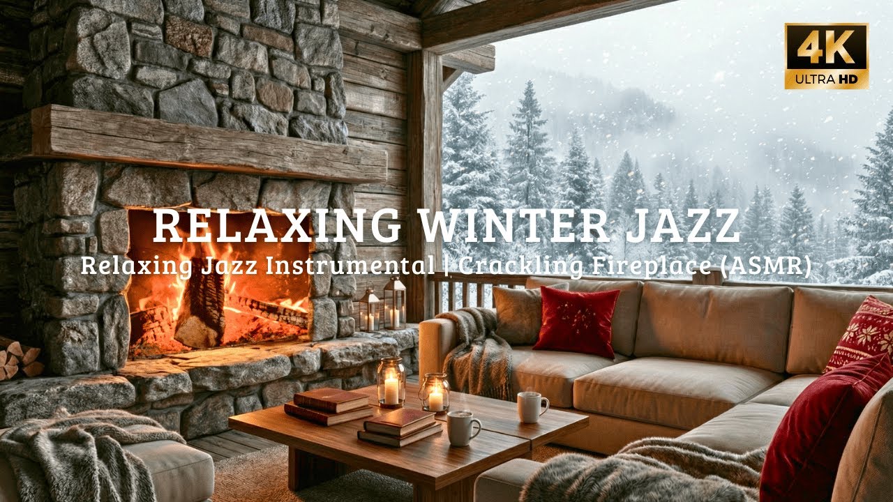 🔴 Serene Snow Cabin Night ❄️ Smooth Jazz & Crackling Fire for Study & Relax