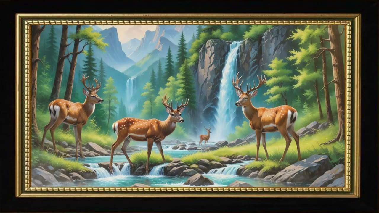 Majestic Forest Deer by Waterfall | Frame TV Art for Samsung Frame TV