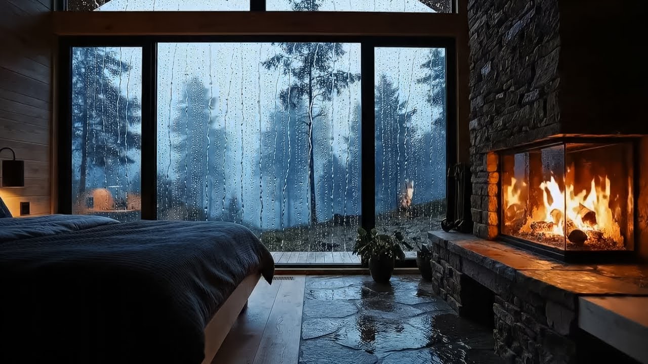 Rainy Night Window Ambience | Warm Fireplace & Rain Sounds for Sleeping, No Thunder