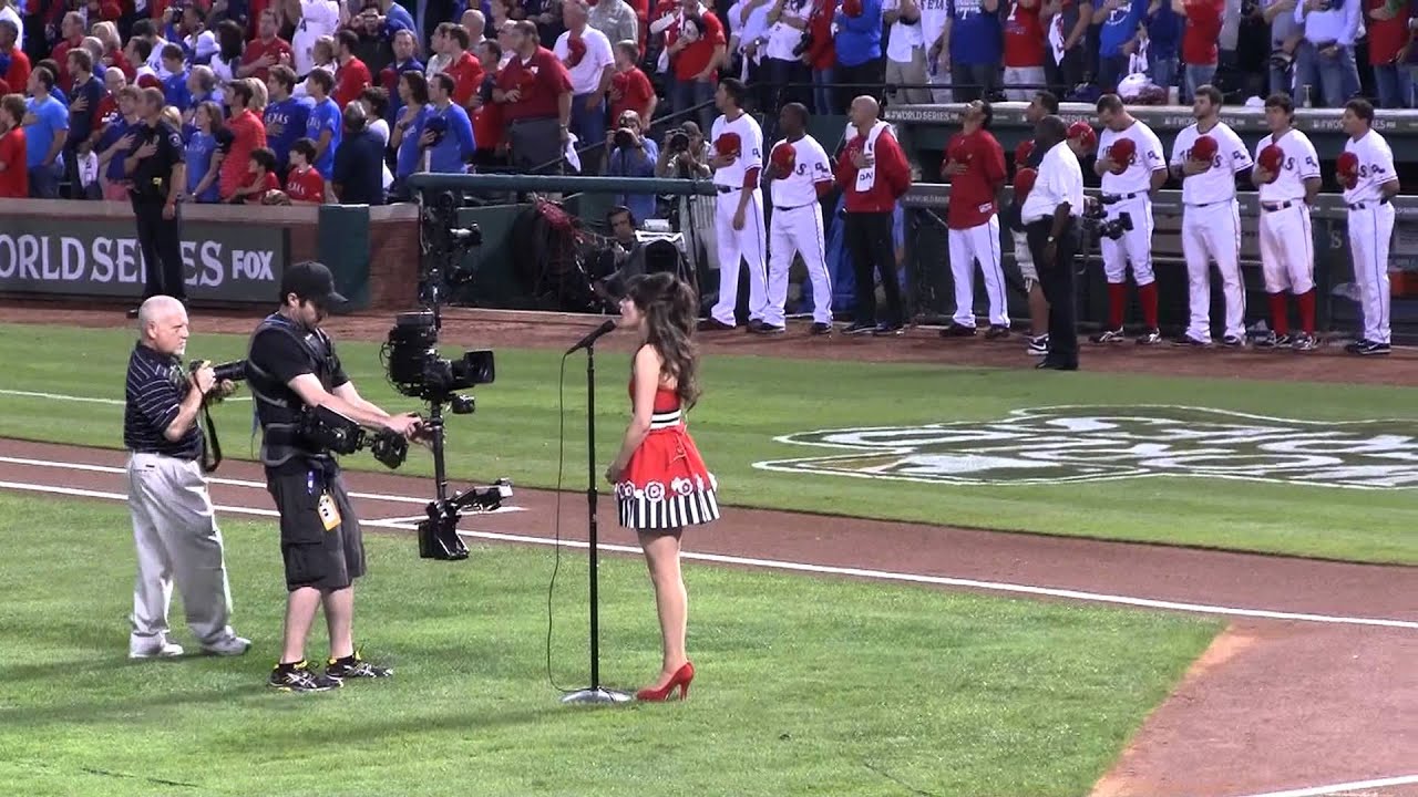 Zooey Deschanel sings national anthem 2011 Game 4 World Series Rangers Cardinals 10/23/11 Chinook