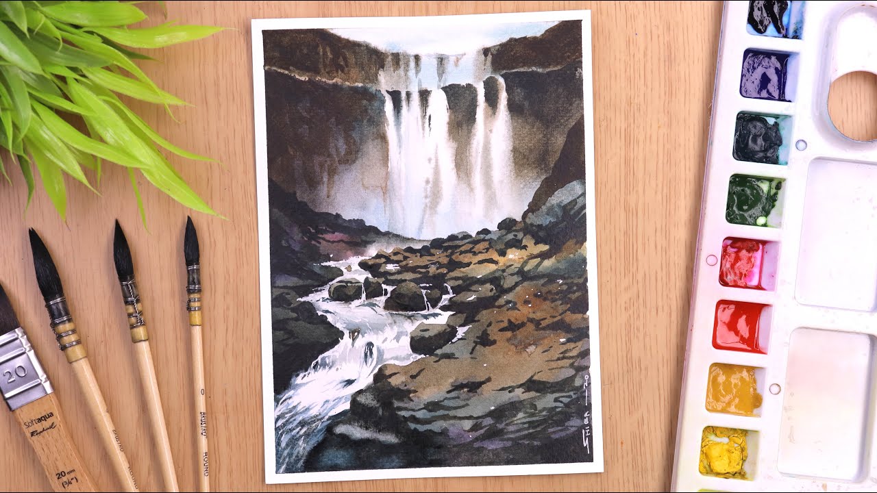 Waterfall landscape painting with Watercolor
