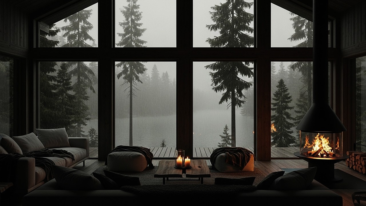 Rain & Fireplace Ambience 🌧️🔥 Luxury Lakeside Cabin | Deep Sleep & Relaxation
