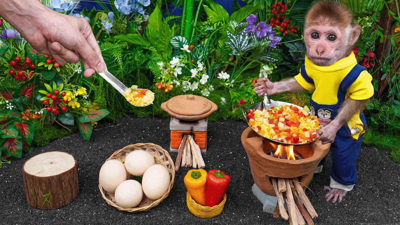 Monkey Xuka picks bell peppers and eggs to help his sister cook vegetable fried rice for lunch!