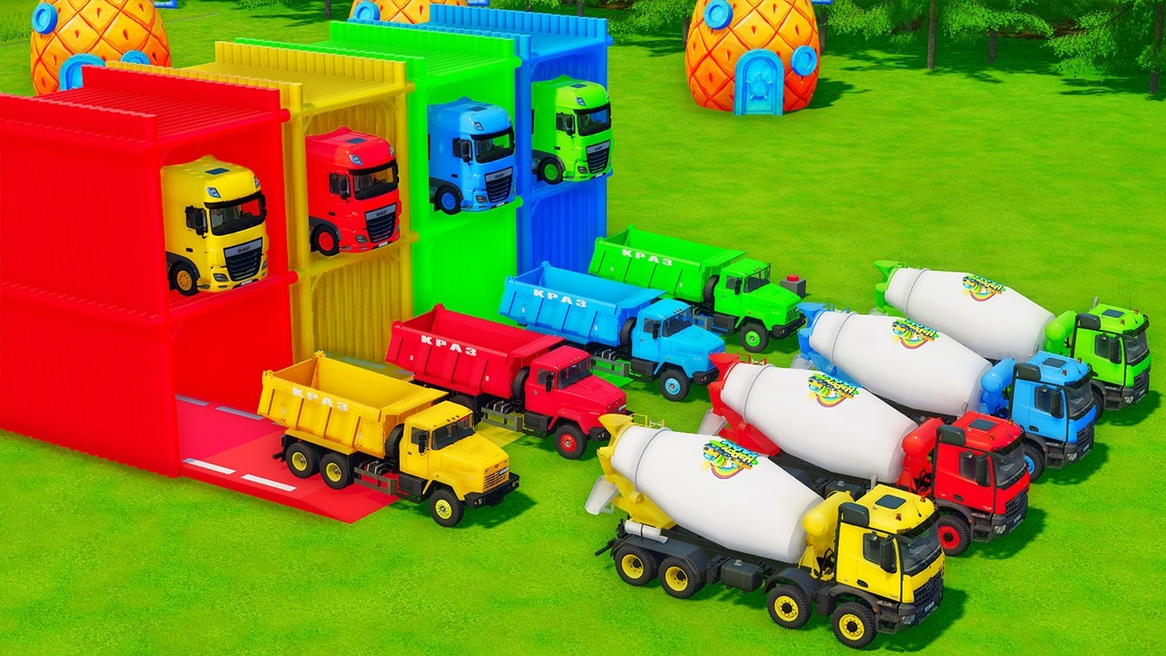 Garage with Colors - ALL MIXER TRUCK WITH DOUBLE FLATBED TRAILER TRUCK, MERCEDES, SCANIA, HINO