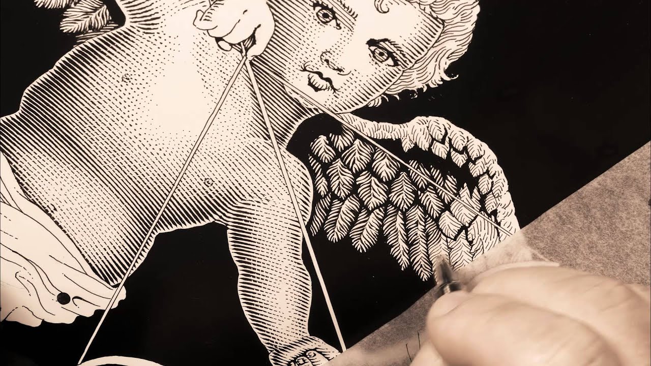 Scratchboard Drawing of a Cupid