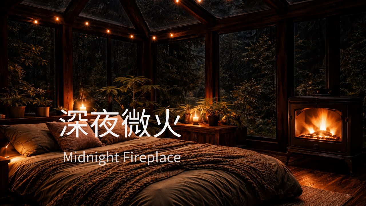 深夜微火｜森林玻璃屋 Midnight Fireplace in a Forest Glass Cabin | Cozy Night Ambience