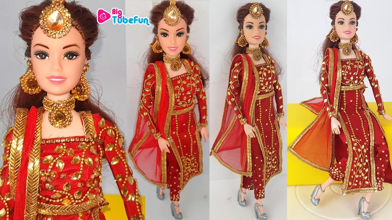 Barbie doll in Ethnic Straight Salwar Kameez Design ! How to make Salwar suit for barbie