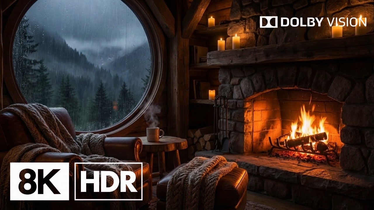 8K Cozy Rainy Mountain Cabin 🔥🌧️ – 2 Hours of Fireplace, Rain & Relaxing Nature Sounds