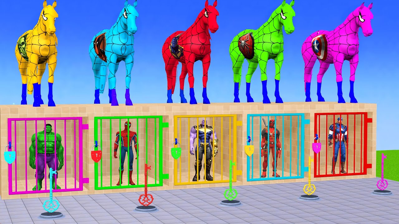 RED HORSE SPIDERMAN CROSSING FOUNTAIN ON RAINBOW SPIDERS BRIDGE AGAINST SHARKS RESCUE ANIMALS GAME