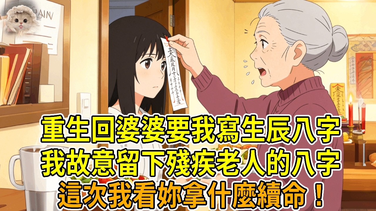 上一世，婆婆讓我寫下姓名生辰八字，說是供奉祖先，轉頭就用我的生辰替患癌小姑子續命，我迅速衰老而死。這一世重生寫生辰那天，我故意寫成殘疾老人的八字，看妳拿什麼續命！