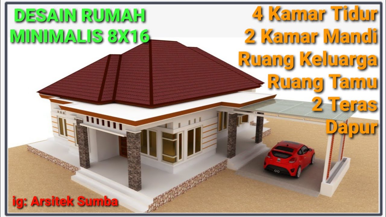 DESAIN RUMAH TINGGAL 8x16 || 4 KAMAR TIDUR & 2 KAMAR MANDI