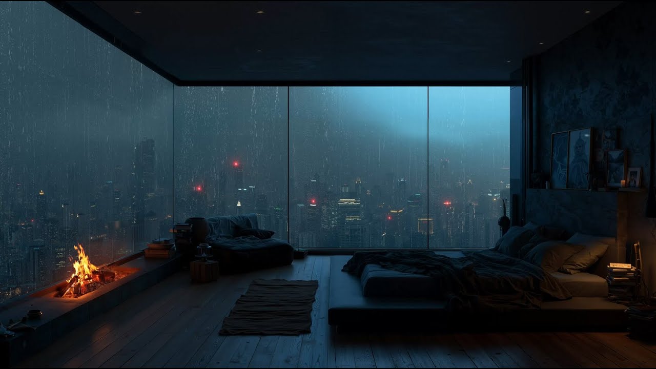 Rain on Bedroom Window (No Ads) 🌧️ Cozy Fireplace Sounds for Insomnia Relief