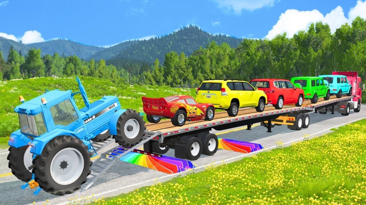 Flatbed Truck McQueen | Transportation with Truck - Pothole vs Car #96 | BeamNG.Drive Gameplay