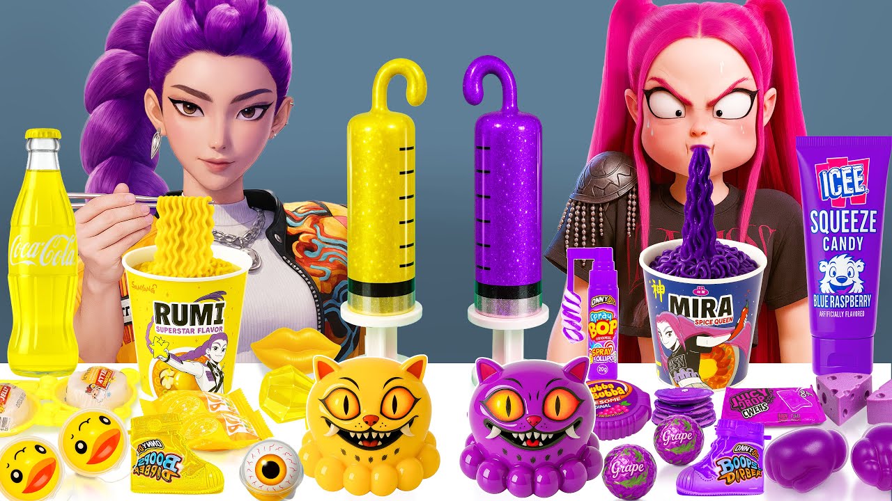 PURPLE VS YELLOW FOOD CHALLENGE | Eating Only 1 Color Food For 24 HRS Kpop Demon Hunters Rumi x Mira