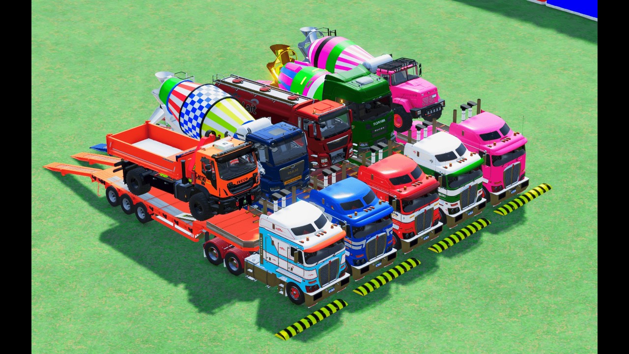 Garage with Colors   ALL MIXER TRUCK WITH DOUBLE FLATBED TRAILER TRUCK, SCANIA, KENWORTH, MAN FS22