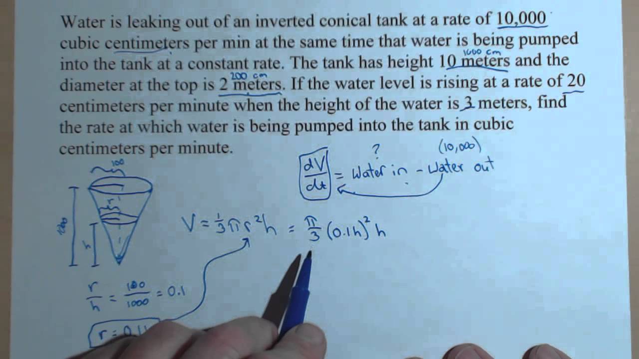 Related Rates   Inverted Conical Tank with Water Leaking out