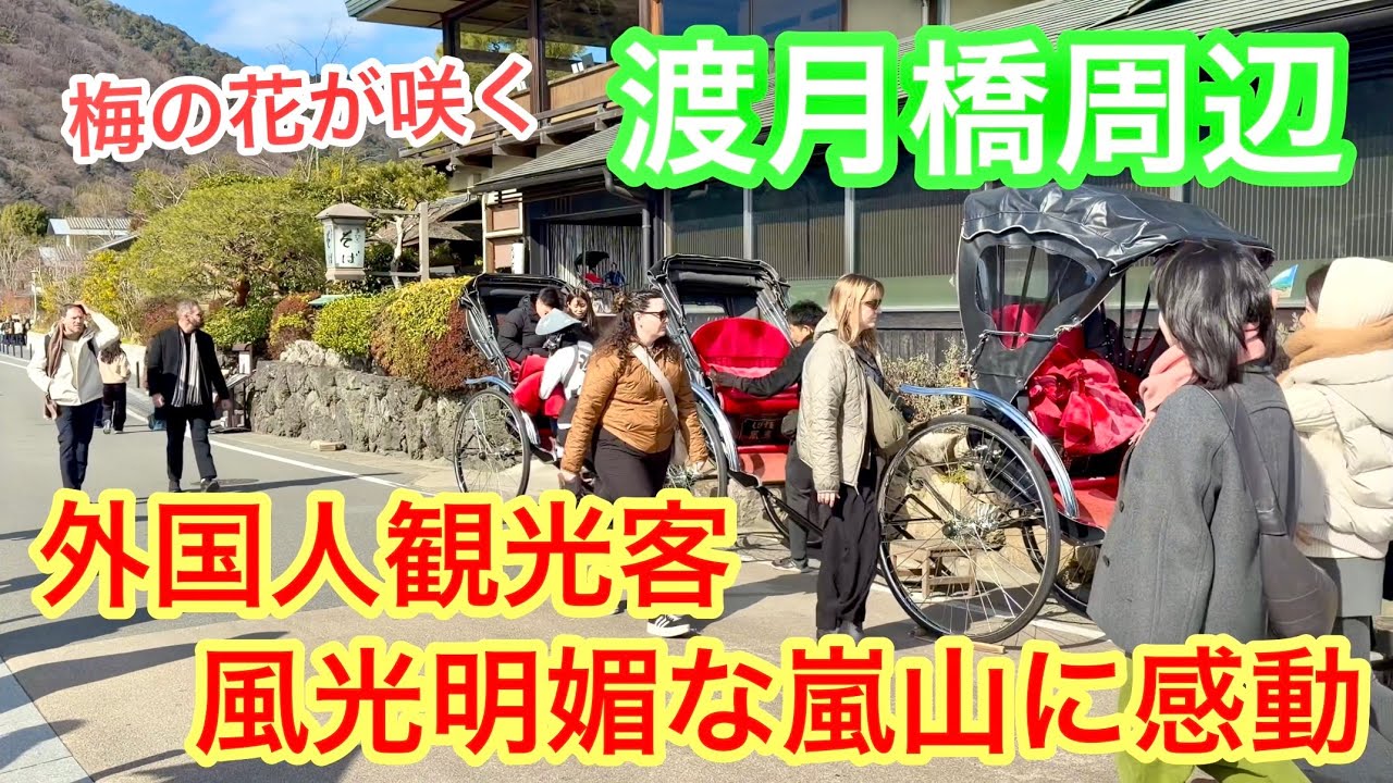 2026年2月17日 外国人観光客 風光明媚な嵐山に感動 梅🌺の花が咲く渡月橋周辺を歩く Walking around Togetsukyo Bridge in Arashiyama