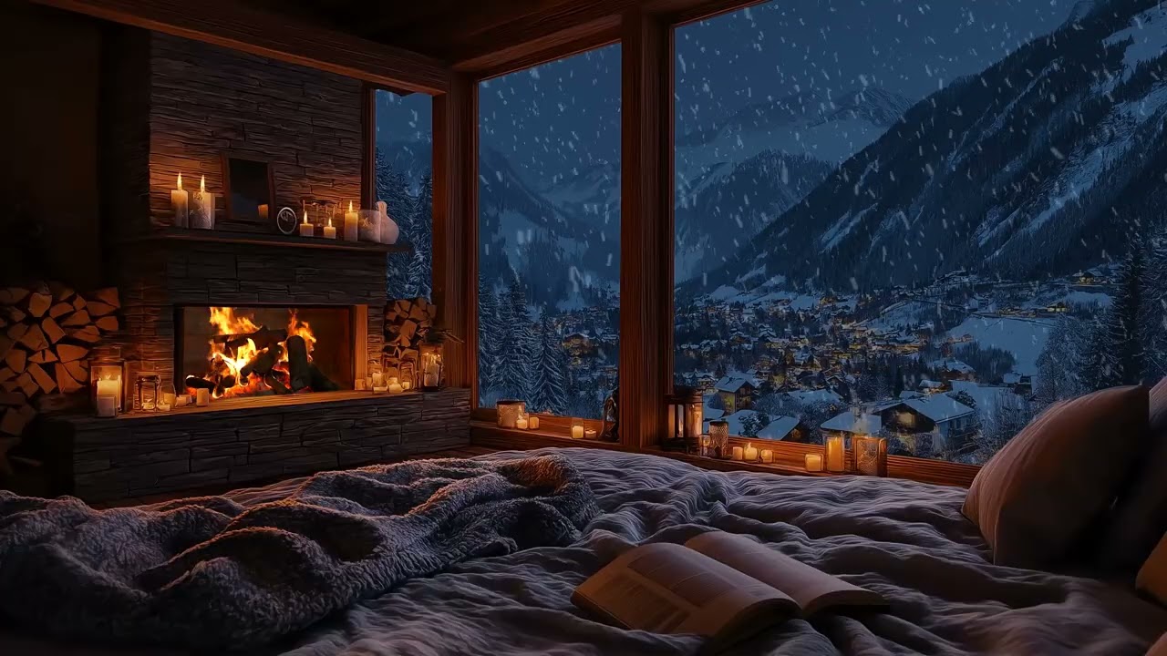 🔥 Winter Comfort Ambience – Fireplace Crackles & Snowfall for Calm Mind