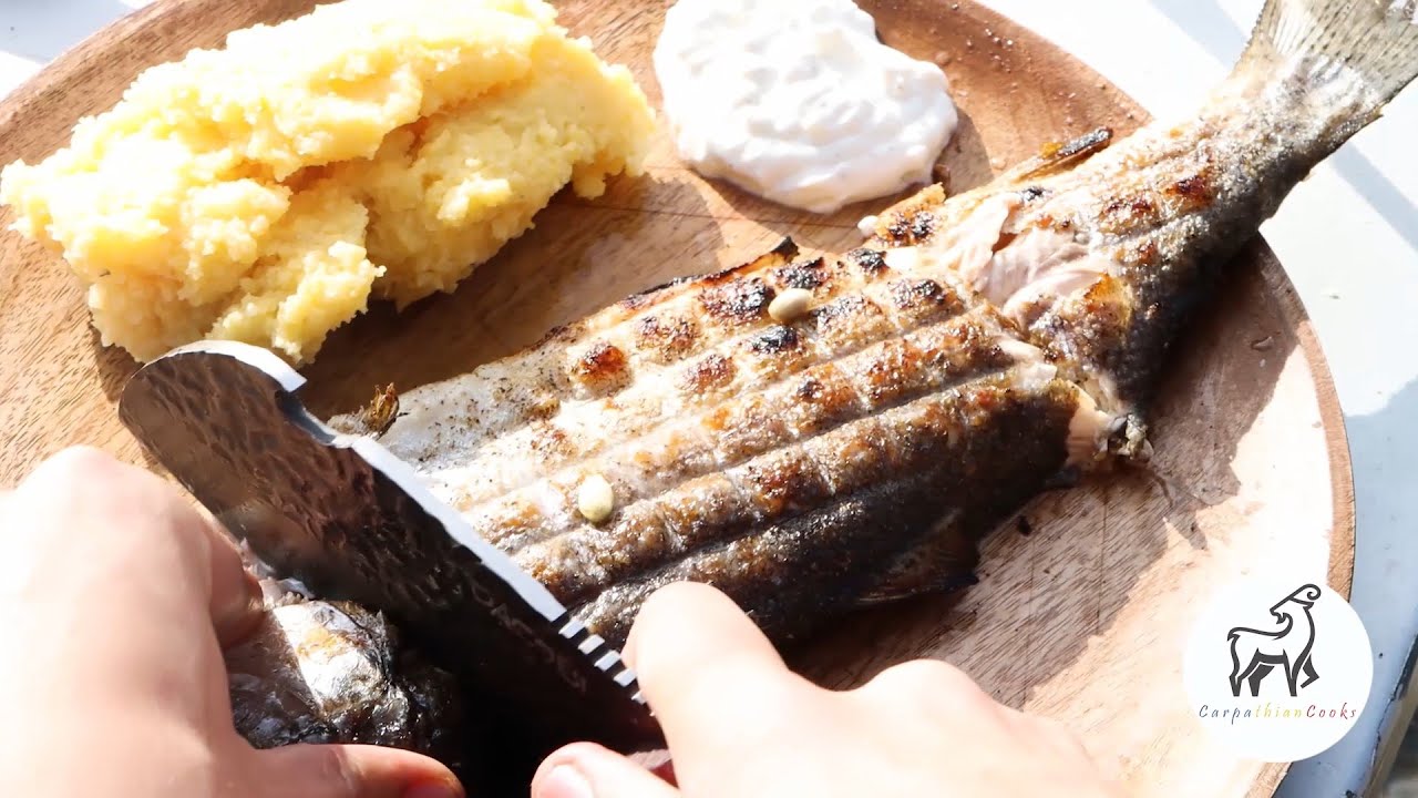 Grilled BBQ Trout with polenta and garlic souce (Păstrăv la grătar cu mămăligă și mujdei)