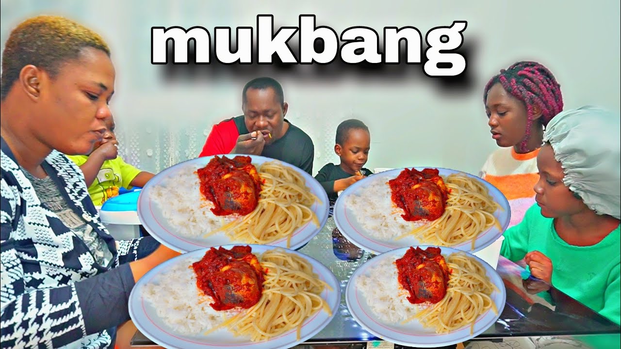 Breakfast Mukbang, African Food mukbang with Our Family ft Rice, Spaghetti and Chicken stew
