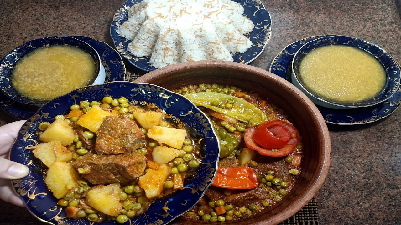 طاجن خضار مشكل باللحمة وشوربة لسان العصفور الخطيرةوأحلى رز بالشعرية والزبدة