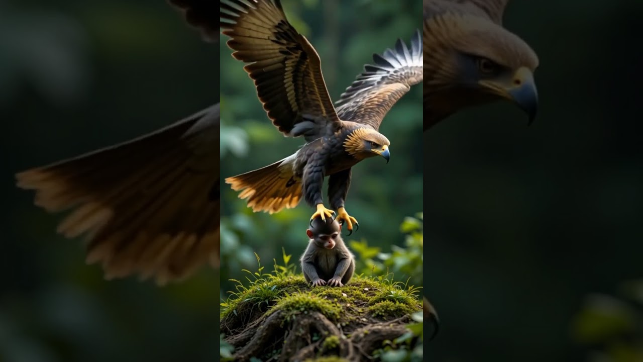 A Fierce Eagle Eyes the Monkey Baby from the Sky Above