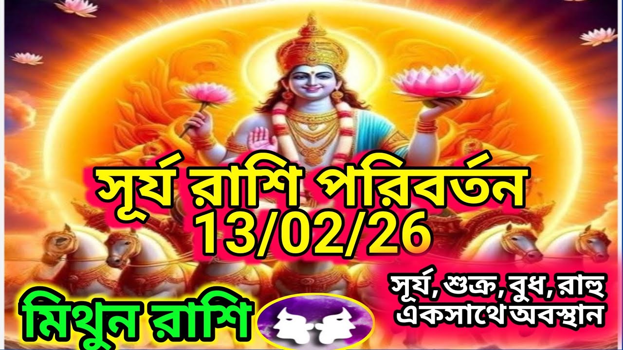 মিথুন রাশি সূর্য রাশি পরিবর্তন 13/02/26 ।। চারটি গ্রহ একসাথে অবস্থান।। দেব গুরু বৃহস্পতি কৃপা লাভ।।