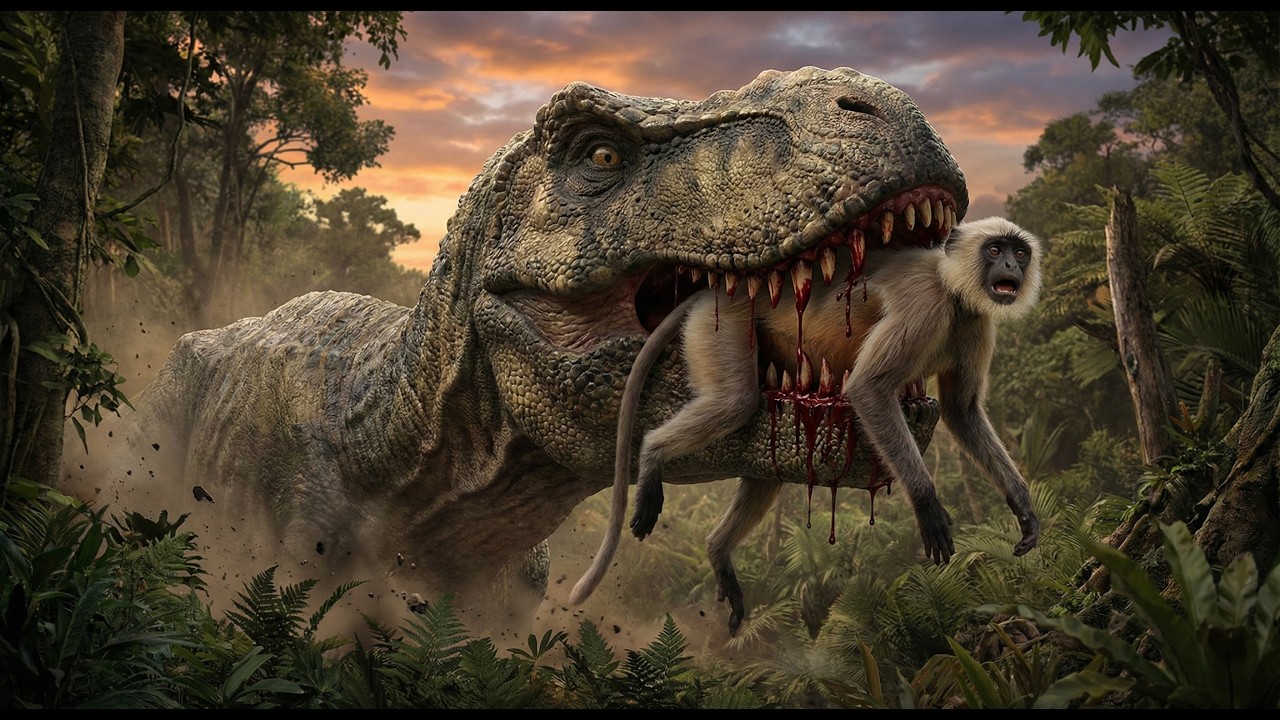 Wild life amazon rainforest predator T-rex Dino attack on hunter, monkey and dog