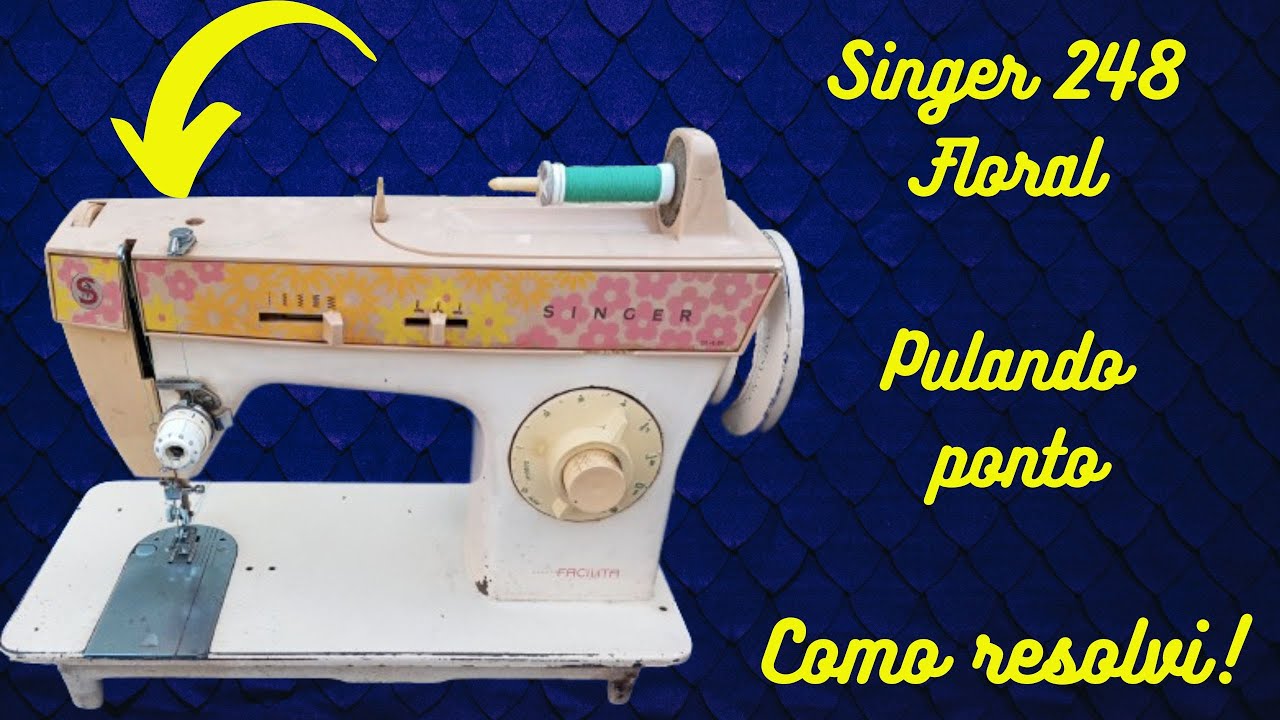 Máquina de costura Singer 248 Floral pulando ponto. Resolva com ajuste excêntrico da barra da agulha