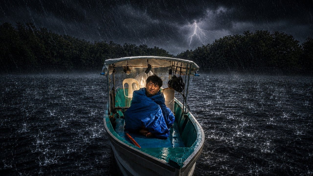 CAMPING IN POURING RAIN, STRONG WINDS AND THUNDERSTROM | STRUGGLE TO BAIL WATER IN THE BOAT
