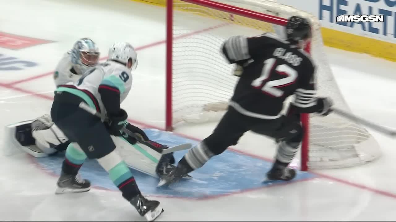 Cody Glass scores a goal against the Seattle Kraken