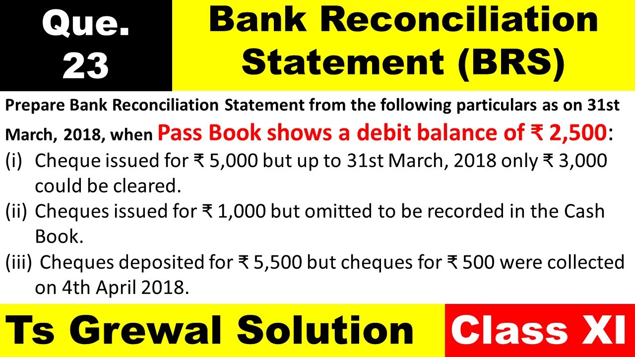 Question 23 Bank reconciliation statement | Pass book shows a Debit  balance of 2500 | Ts Grewal