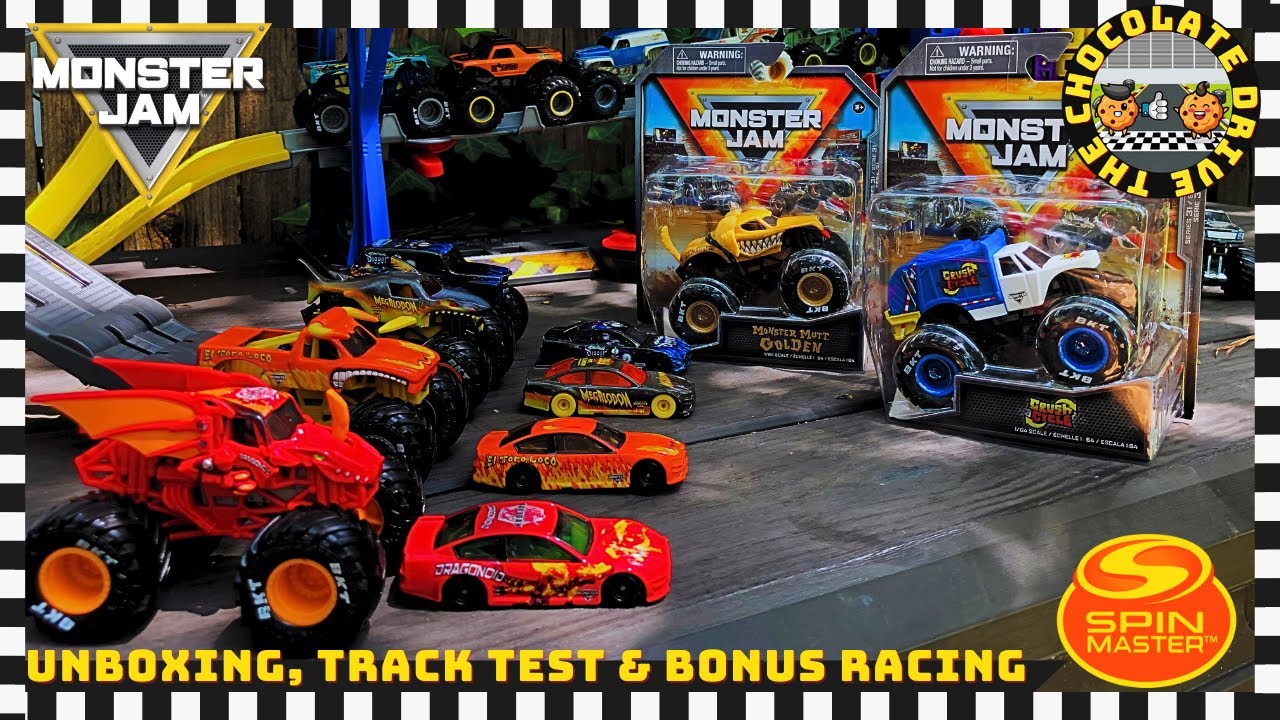 SPIN MASTER MONSTER JAM : Monster Mutt Golden and Crush Cycle Unboxing, Track Test and Bonus Racing!